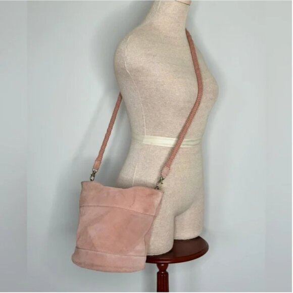 Lucky Brand Rose Colored Suede Leather Crossbody Bucket Bag with Wooden Handles - Picture 2 of 11